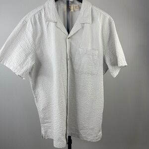 Panama Jack Mens Large Grey White Seersucker Stripe Short Sleeve Camp Shirt L